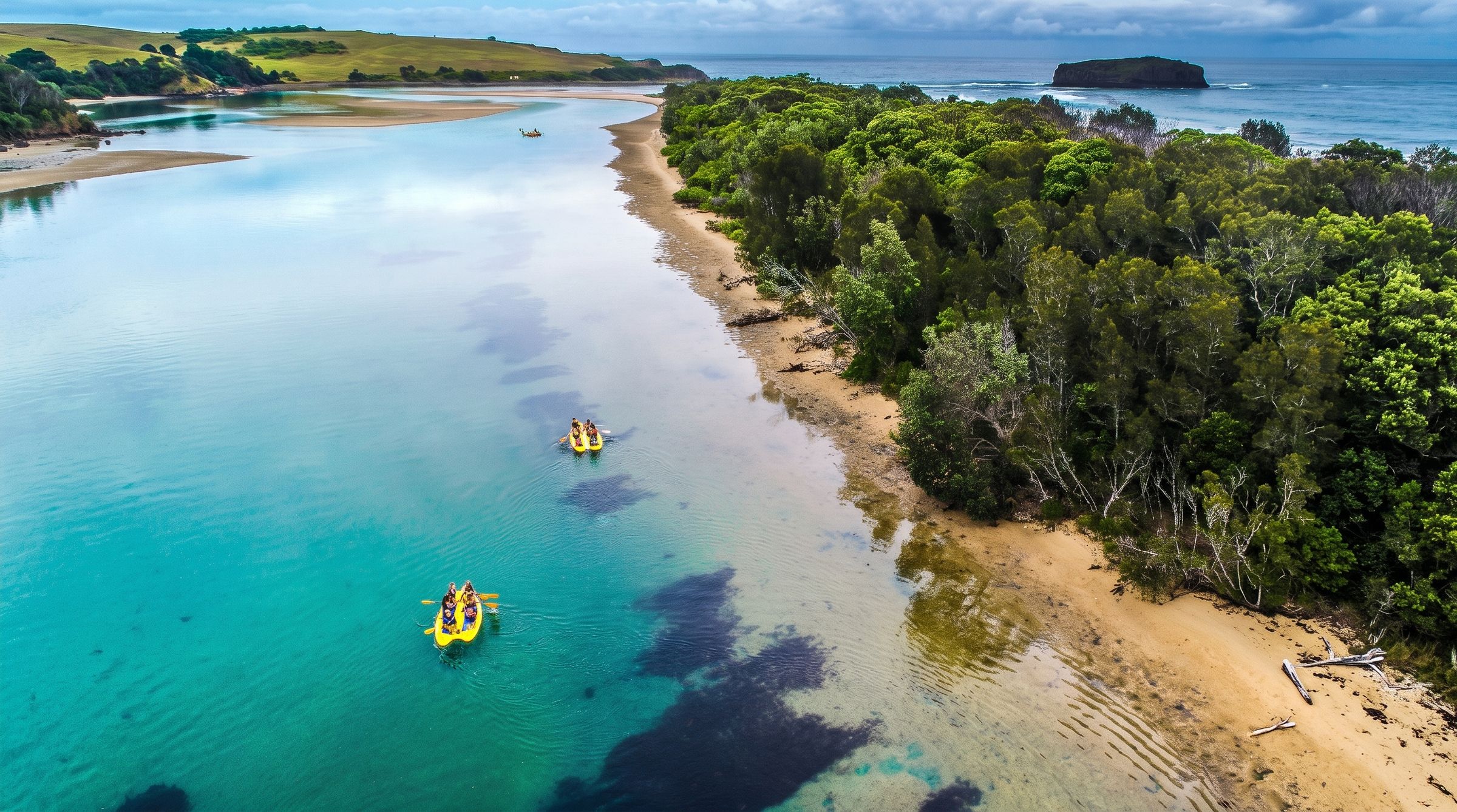 Aerial view of students kayaking along a turquoise coastal inlet